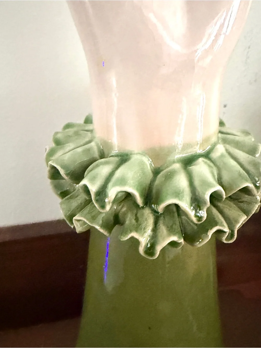 Vintage Green Ruffle Sleeve Ceramic Hand Vase Kitschy Mid Century Decor Coquette